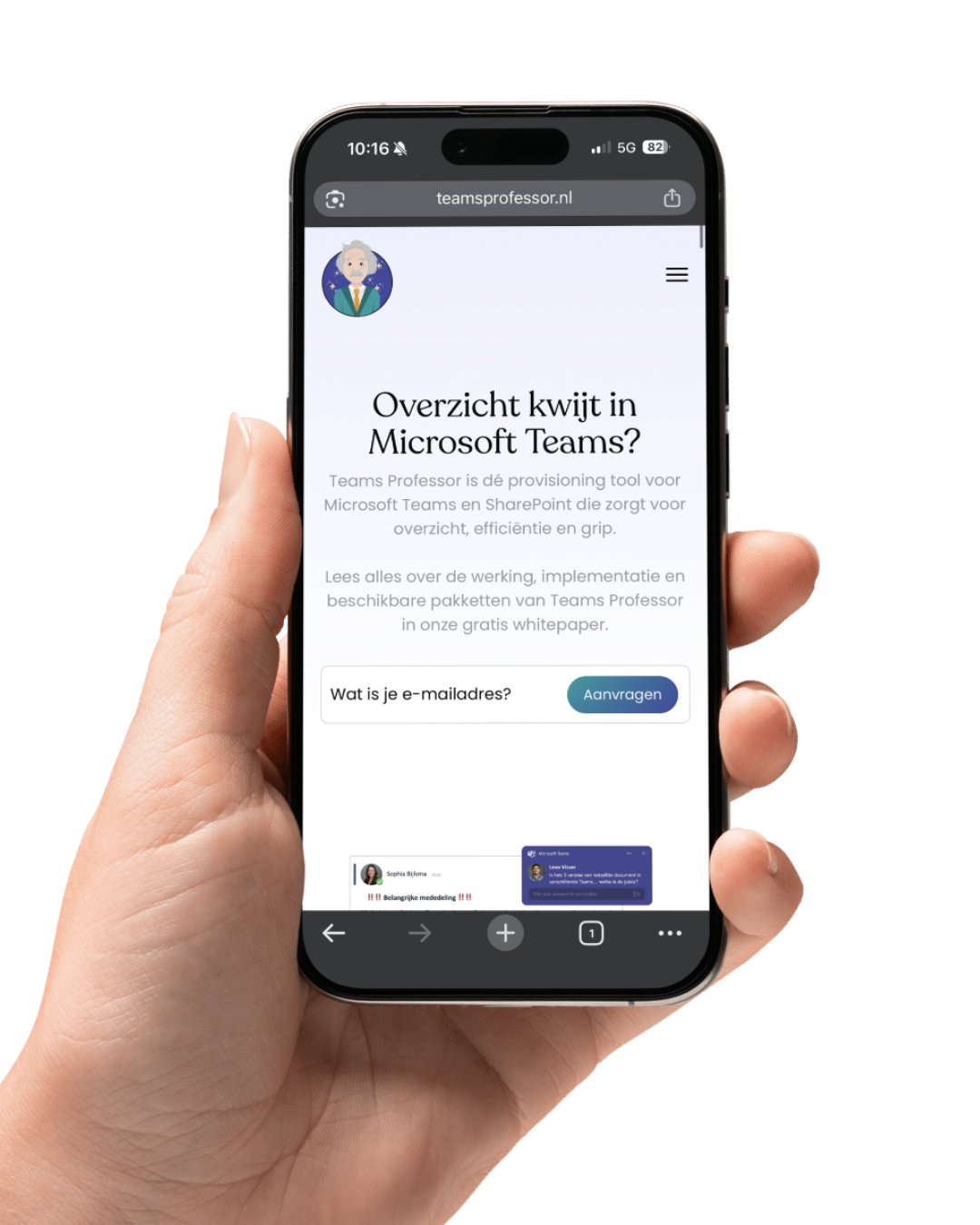 Ondersteunende Afbeeldingen verticaal (6) Een telefoon met de website van Teams Professor er voor.