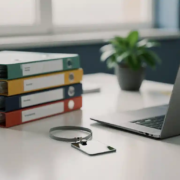 Opgeruimd modern bureau met gelabelde mappen, een toegangspas en halfopen laptop in zacht natuurlijk licht.