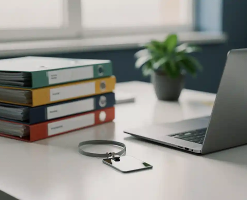 Opgeruimd modern bureau met gelabelde mappen, een toegangspas en halfopen laptop in zacht natuurlijk licht.