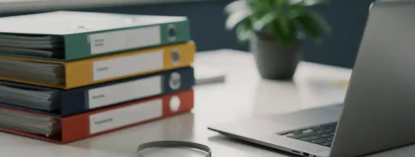Opgeruimd modern bureau met gelabelde mappen, een toegangspas en halfopen laptop in zacht natuurlijk licht.