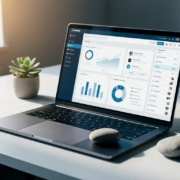 Laptop met CRM-dashboard op zakelijk bureau, naast een riviersteen en klein succulent, in zacht natuurlijk licht.