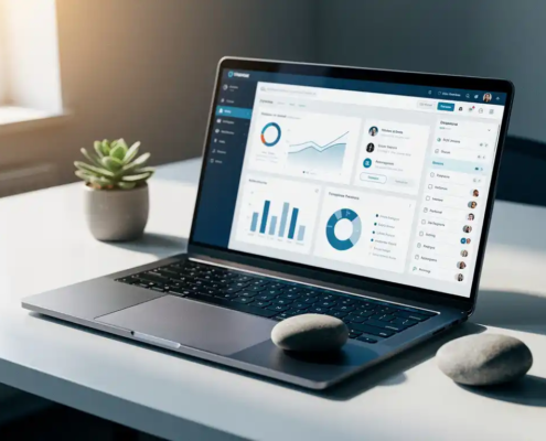 Laptop met CRM-dashboard op zakelijk bureau, naast een riviersteen en klein succulent, in zacht natuurlijk licht.