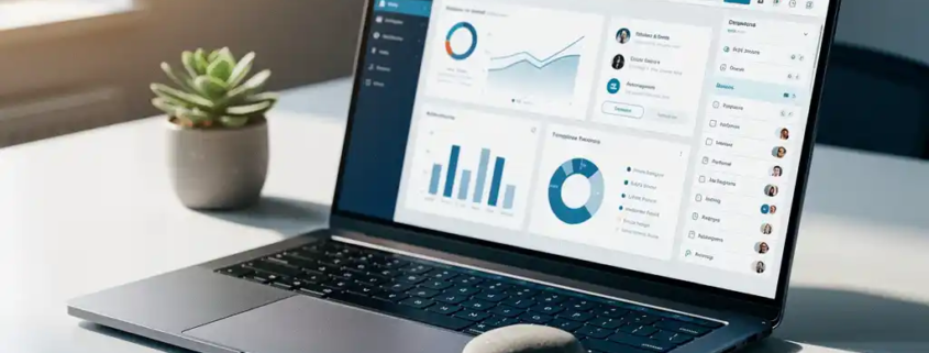 Laptop met CRM-dashboard op zakelijk bureau, naast een riviersteen en klein succulent, in zacht natuurlijk licht.