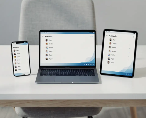 Smartphone, laptop en tablet op wit bureau met gesynchroniseerde contactenlijst in Microsoft 365-werkomgeving.