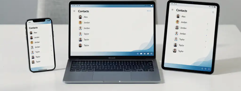 Smartphone, laptop en tablet op wit bureau met gesynchroniseerde contactenlijst in Microsoft 365-werkomgeving.
