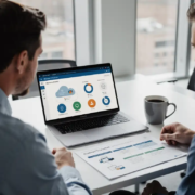 IT-consultant bespreekt Microsoft 365-roadmap met klant aan modern bureau met laptop en koffie, zacht noordelijk licht.