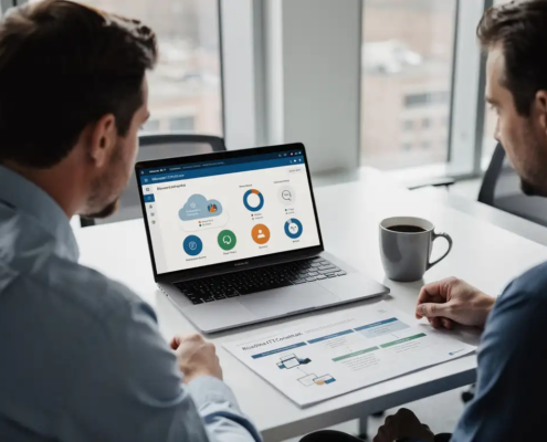 IT-consultant bespreekt Microsoft 365-roadmap met klant aan modern bureau met laptop en koffie, zacht noordelijk licht.