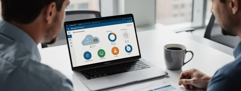 IT-consultant bespreekt Microsoft 365-roadmap met klant aan modern bureau met laptop en koffie, zacht noordelijk licht.