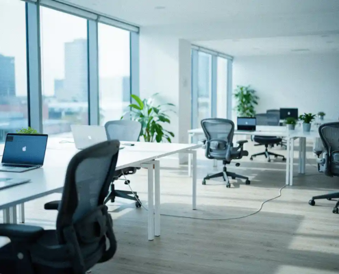 Modern open-plan kantoor dat verdubbelt in omvang, met witte bureaus, laptops en één netwerkkabel die beide zones verbindt.
