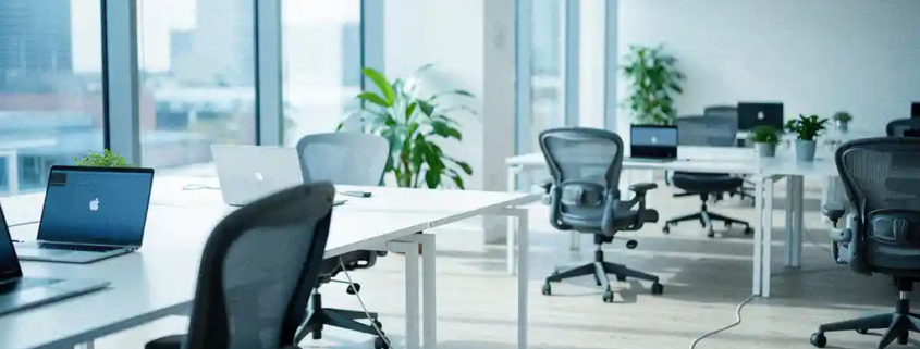 Modern open-plan kantoor dat verdubbelt in omvang, met witte bureaus, laptops en één netwerkkabel die beide zones verbindt.