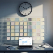 Analoge wandklok boven een modern bureau met 100 genummerde sticky notes op een glazen wand en een laptop met cloud-dashboard.