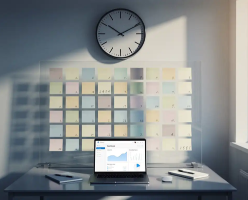 Analoge wandklok boven een modern bureau met 100 genummerde sticky notes op een glazen wand en een laptop met cloud-dashboard.