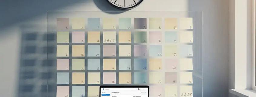 Analoge wandklok boven een modern bureau met 100 genummerde sticky notes op een glazen wand en een laptop met cloud-dashboard.