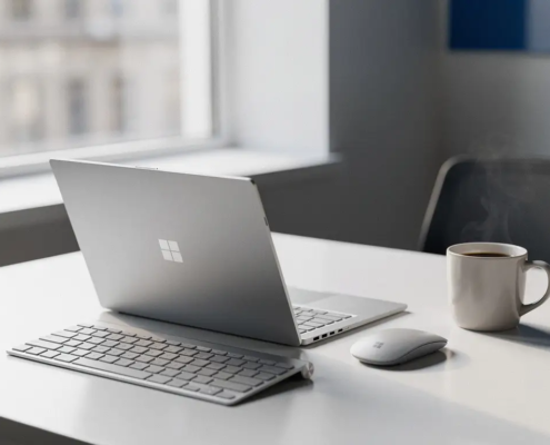Microsoft Surface laptop op een minimalistische witte bureau met draadloos toetsenbord, muis en dampende koffie in natuurlijk daglicht.