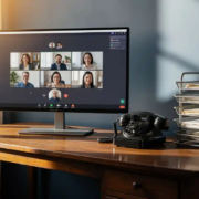 Ultrabreed monitor met Microsoft Teams-vergadering naast een vintage bureau met draaischijftelefoon en papieren bakjes in warm verlicht kantoor.