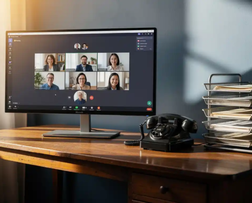 Ultrabreed monitor met Microsoft Teams-vergadering naast een vintage bureau met draaischijftelefoon en papieren bakjes in warm verlicht kantoor.