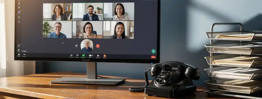 Ultrabreed monitor met Microsoft Teams-vergadering naast een vintage bureau met draaischijftelefoon en papieren bakjes in warm verlicht kantoor.