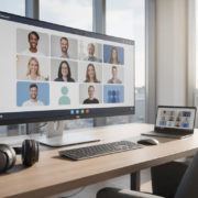 Ultrabreed monitor met Microsoft Teams-vergadering op een staand bureau in een Scandinavisch kantoor met groot raam en natuurlijk daglicht.