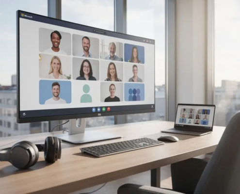 Ultrabreed monitor met Microsoft Teams-vergadering op een staand bureau in een Scandinavisch kantoor met groot raam en natuurlijk daglicht.