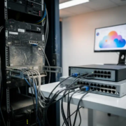 Stoftige serverrack wordt losgekoppeld in serverruimte met Microsoft 365-cloudinterface op monitor op de achtergrond.