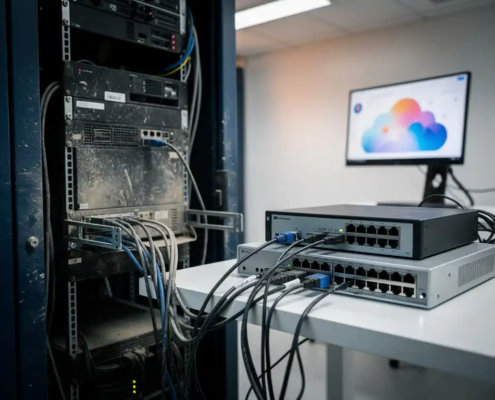 Stoftige serverrack wordt losgekoppeld in serverruimte met Microsoft 365-cloudinterface op monitor op de achtergrond.