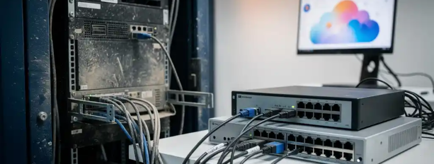 Stoftige serverrack wordt losgekoppeld in serverruimte met Microsoft 365-cloudinterface op monitor op de achtergrond.