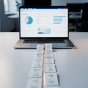Laptop op modern bureau met mijlpaalkaarten als visuele routekaart naar Microsoft 365-migratie, verlicht dashboard op scherm.
