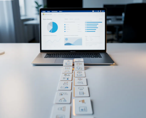 Laptop op modern bureau met mijlpaalkaarten als visuele routekaart naar Microsoft 365-migratie, verlicht dashboard op scherm.