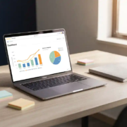 Power BI-dashboard op laptopscherm op modern bureau met sticky notes, notebook en warm natuurlijk licht.