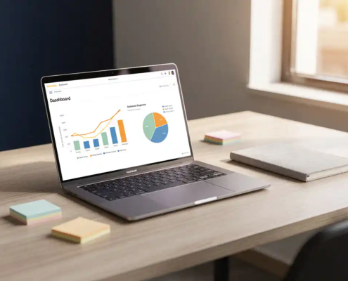 Power BI-dashboard op laptopscherm op modern bureau met sticky notes, notebook en warm natuurlijk licht.