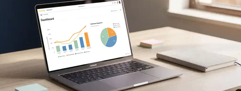 Power BI-dashboard op laptopscherm op modern bureau met sticky notes, notebook en warm natuurlijk licht.