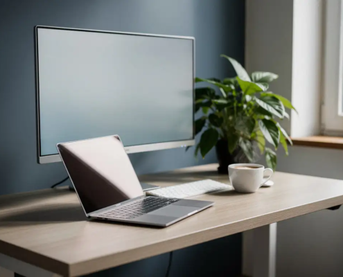 Staand bureau van licht eikenhout met laptop, draadloos toetsenbord en dampende koffie, tweede monitor en groene plant op de achtergrond.