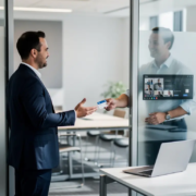 Professional in glazen vergaderruimte overhandigt tijdelijke bezoekerspas aan externe partner bij halfopen deur, modern kantoor.