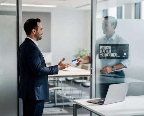 Professional in glazen vergaderruimte overhandigt tijdelijke bezoekerspas aan externe partner bij halfopen deur, modern kantoor.