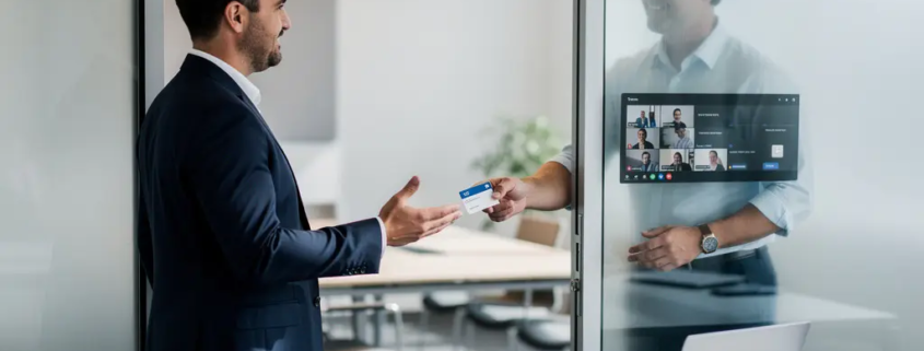 Professional in glazen vergaderruimte overhandigt tijdelijke bezoekerspas aan externe partner bij halfopen deur, modern kantoor.