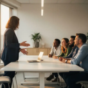 Diverse collega's rond vergadertafel in modern Nederlands kantoor, één persoon wijst naar laptop terwijl anderen geëngageerd toekijken.