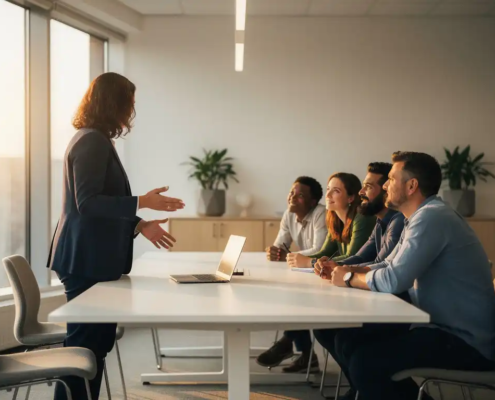 Diverse collega's rond vergadertafel in modern Nederlands kantoor, één persoon wijst naar laptop terwijl anderen geëngageerd toekijken.