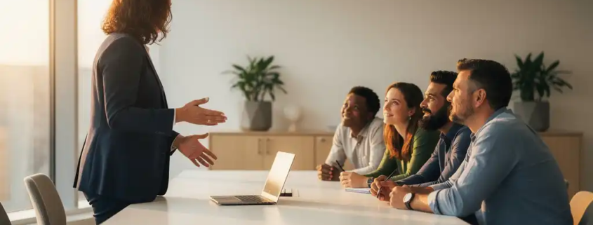 Diverse collega's rond vergadertafel in modern Nederlands kantoor, één persoon wijst naar laptop terwijl anderen geëngageerd toekijken.