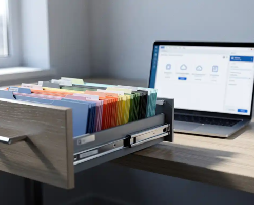 Geopende archieflade met kleurgecodeerde mappen naast laptop met cloud-interface op licht eiken bureau.