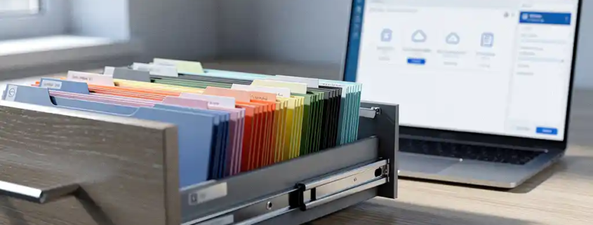 Geopende archieflade met kleurgecodeerde mappen naast laptop met cloud-interface op licht eiken bureau.