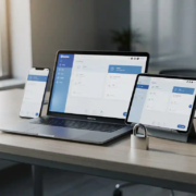 Laptop, smartphone en tablet op modern bureau met beveiligde werkruimte-interface en klein hangslot ernaast.