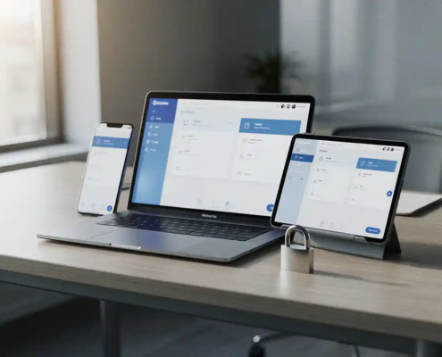 Laptop, smartphone en tablet op modern bureau met beveiligde werkruimte-interface en klein hangslot ernaast.