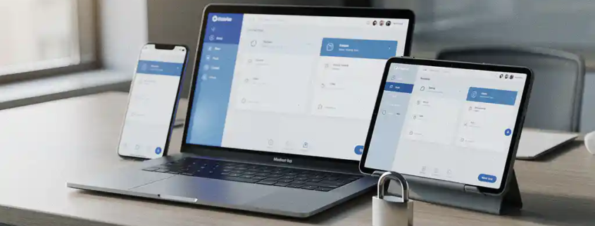 Laptop, smartphone en tablet op modern bureau met beveiligde werkruimte-interface en klein hangslot ernaast.