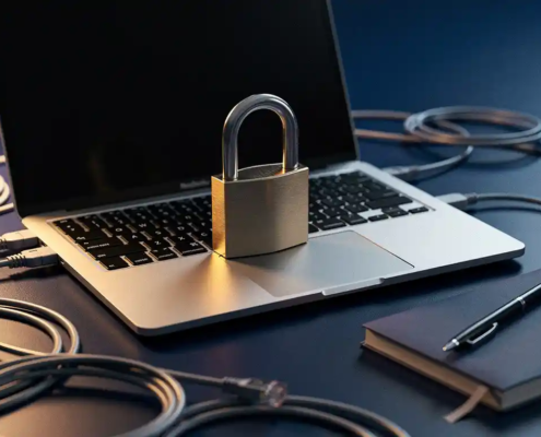 Hangslot op laptoptoetsenbord omringd door ethernetkabels en notitieboekje, symboliseert cybersecurity op kantoor.