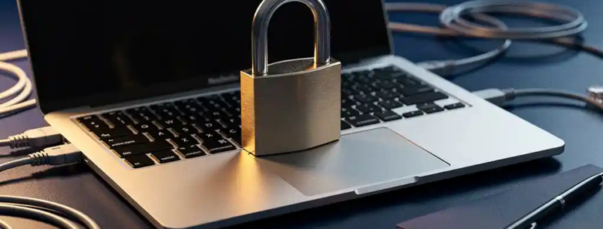 Hangslot op laptoptoetsenbord omringd door ethernetkabels en notitieboekje, symboliseert cybersecurity op kantoor.