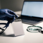 Gehandschoende hand die een beveiligingsbadge aan een lanyard inspecteert, met vergrootglas en laptop op witte bureau.