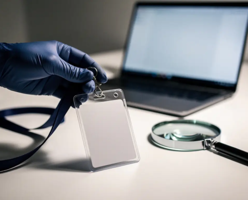 Gehandschoende hand die een beveiligingsbadge aan een lanyard inspecteert, met vergrootglas en laptop op witte bureau.
