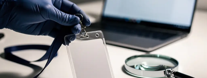 Gehandschoende hand die een beveiligingsbadge aan een lanyard inspecteert, met vergrootglas en laptop op witte bureau.