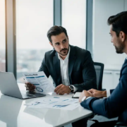 Directeur in maatpak bespreekt beveiligingsrisicorapport met IT-professional aan moderne vergadertafel in licht kantoor.