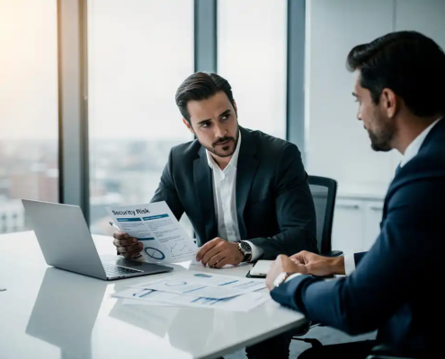 Directeur in maatpak bespreekt beveiligingsrisicorapport met IT-professional aan moderne vergadertafel in licht kantoor.